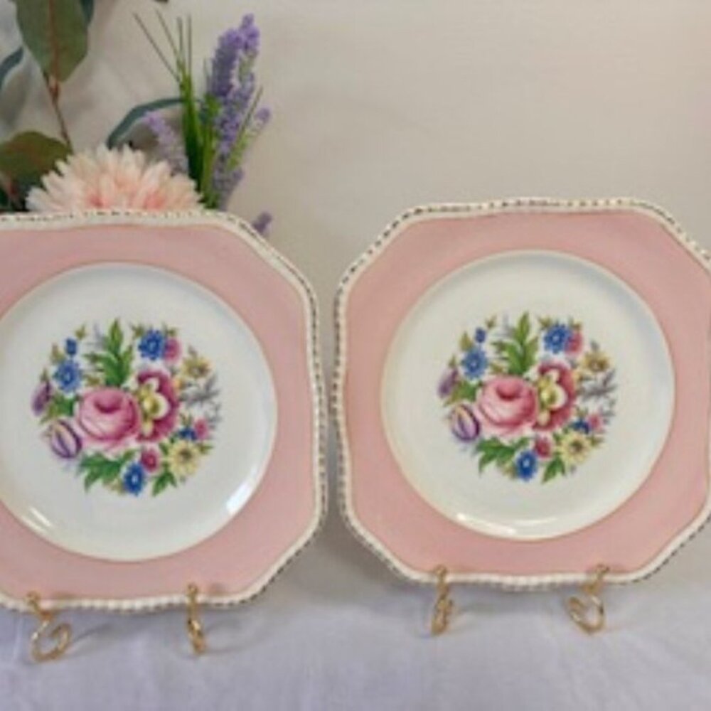 Vintage Simpsons Ambassador Ware‎ Pink Floral Plates England Gold Trim Pair